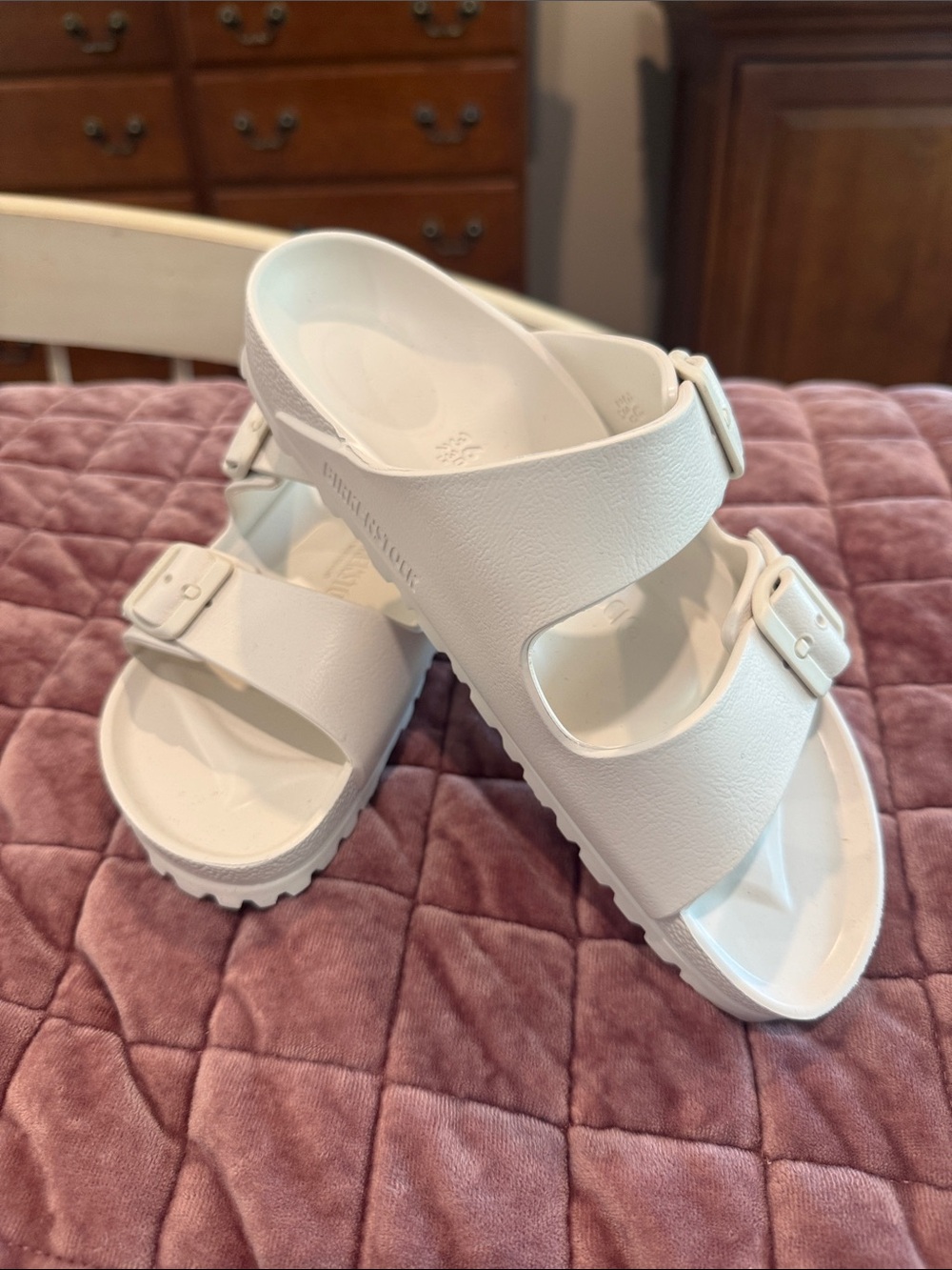 Birkenstock woman’s  White Double-Strap EVA Slide Sandals.  Color: Eggshell - Picture 3 of 3